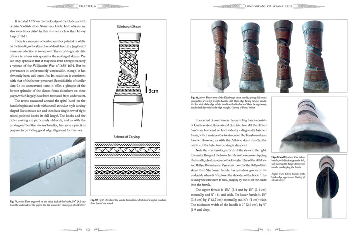 Two pages from "The Skean" by Schiffer Publishing, Ltd. display a diagram and photos of a carved wooden item with measurements and intricate patterns, reminiscent of Irish weapon history and the classic Gaelic Irish fighting knife.