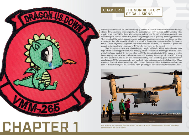On the left is a red, shield-shaped VMM-265 patch with a crying green dragon holding a blue pacifier. On the right are text, a chapter title, and naval aviators boarding an MV-22B Osprey from "What's Your Call Sign?" by Schiffer Publishing, Ltd.