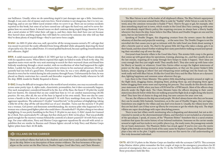 A two-page spread from What's Your Call Sign? by Schiffer Publishing, Ltd. features dense multi-column text, section headings, eagle-and-anchor insignia illustrations, and a highlighted “VILLAINS ON THE CARRIER” box with carrier nickname descriptions.
