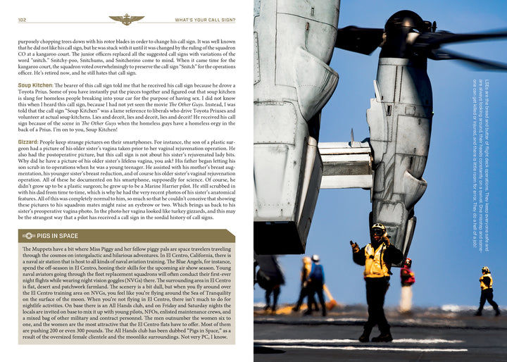 A large military aircraft is parked on a carrier deck as naval aviators in yellow vests signal nearby. Text about call signs and "PISS IN SPACE" appears from "What's Your Call Sign?" by Schiffer Publishing, Ltd.