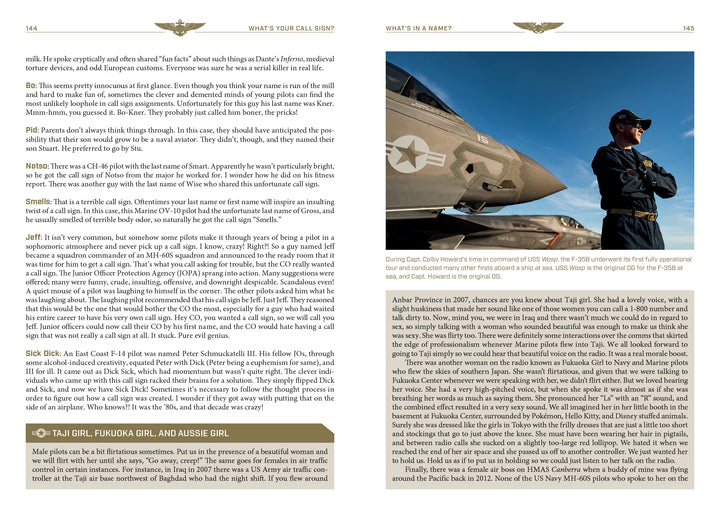 A two-page magazine spread for "What's Your Call Sign?" by Schiffer Publishing, Ltd. shows text blocks and two photos: a military aircraft and a uniformed Top Gun naval aviator with arms crossed, sunglasses, and cap before another plane.