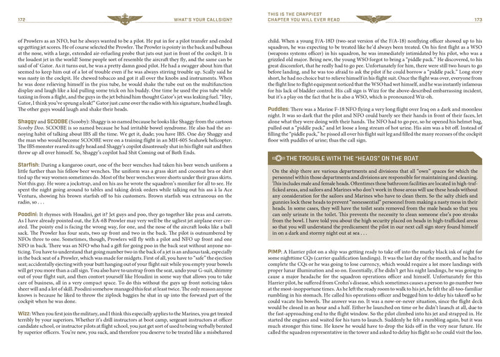 A two-page spread from "What's Your Call Sign?" by Schiffer Publishing, Ltd. features dense text with sections, headings, and highlighted boxes on naval aviators, aircraft experiences, starlight navigation, and ejection seat malfunctions; no illustrations.