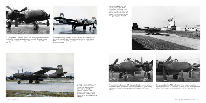 A collage of six vintage photos features A-26 Invader bombers on airfields in color and black and white, with captions describing each image’s context—perfect for Legends of Warfare fans from Schiffer Publishing, Ltd.