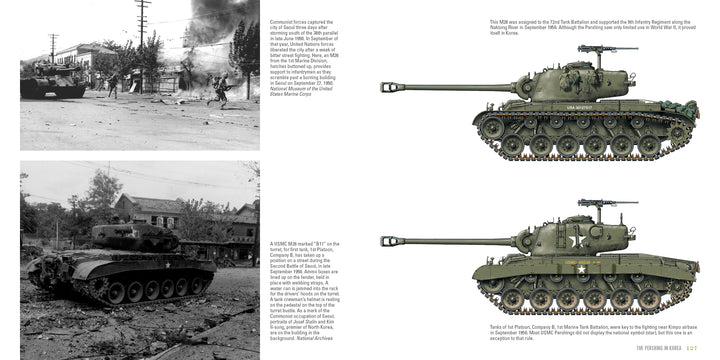Two black-and-white photos of the M26 Pershing tank in urban battle scenes appear on the left, while two color side-view illustrations with descriptive text by Schiffer Publishing, Ltd. are shown on the right.