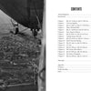 A black-and-white photo of a WWI airship soaring over a city appears beside a table of contents from "101 Hours in a Zeppelin," a book published by Schiffer Publishing, Ltd., listing chapters and page numbers.