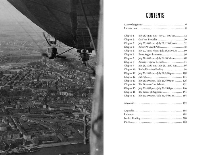 A black-and-white photo of a WWI airship soaring over a city appears beside a table of contents from "101 Hours in a Zeppelin," a book published by Schiffer Publishing, Ltd., listing chapters and page numbers.