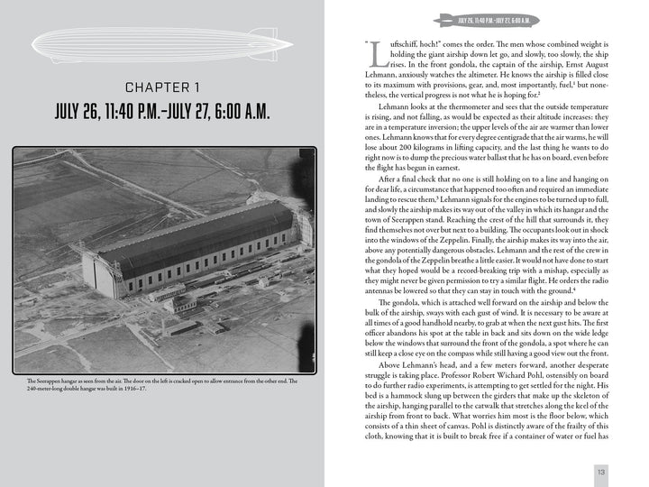 A black-and-white aerial photo from "101 Hours in a Zeppelin" (Schiffer Publishing, Ltd.) shows the illuminated Zeppelin hangar at night, its long structure set amid fields, with a Zeppelin parked inside one end.