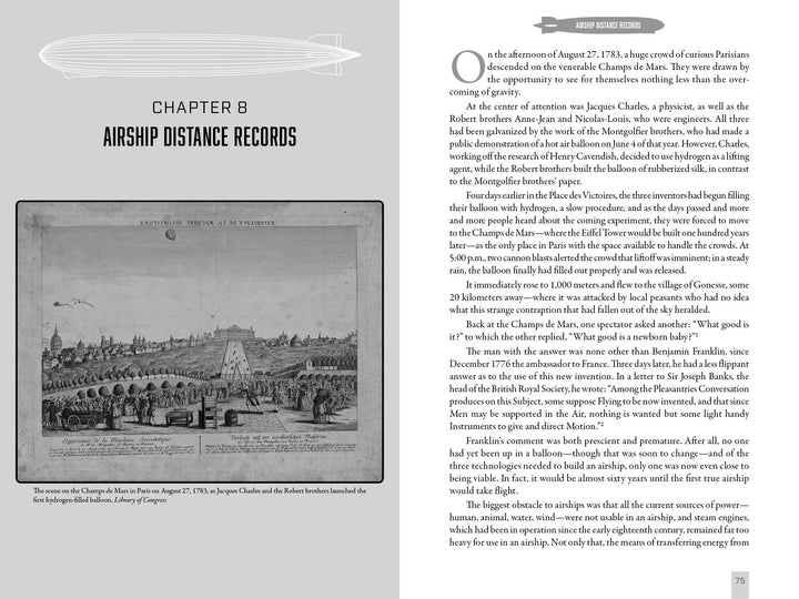 An illustration from Schiffer Publishing, Ltd.’s "101 Hours in a Zeppelin" depicts a city crowd watching a hot air balloon ascend over Paris. The chapter explores early airship feats, including transatlantic flight attempts.