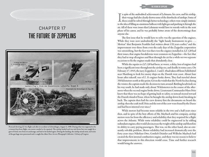Black and white book page from "101 Hours in a Zeppelin" by Schiffer Publishing, Ltd., featuring the chapter “The Future of Zeppelins,” a vintage WWI airship photo, and text on Zeppelin history, transatlantic flight, and advancements.