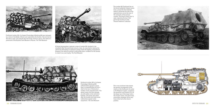 A two-page spread from Schiffer Publishing’s "Ferdinand/Elefant" features historical photos, a technical cutaway illustration of the German tank destroyer, and text on its Porsche Tiger-based design and WWII combat history.