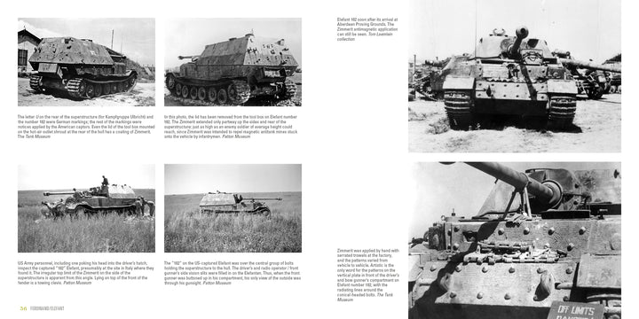 A collage of the Ferdinand/Elefant military vehicle, highlighted for its unique Porsche Tiger design, from Schiffer Publishing, Ltd.