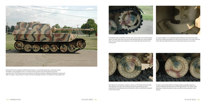 The Ferdinand/Elefant by Schiffer Publishing, Ltd. is a German WWII tank destroyer with camouflage paint, shown parked on a road. Close-ups highlight its wheels, suspension, tracks, and distinctive Porsche Tiger mechanical features.