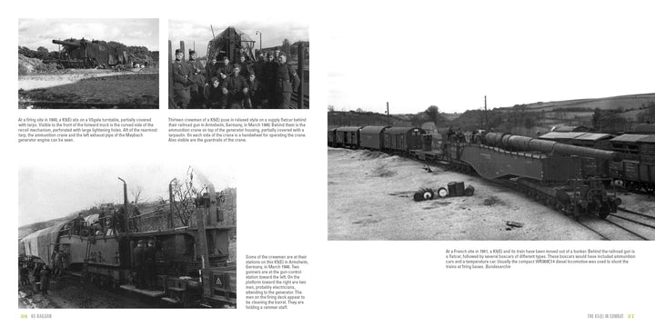 A historical spread in Schiffer Publishing, Ltd.'s K5 Rail Gun shows black-and-white photos of German railway guns, including "Anzio Annie," plus soldiers in formation and military trains in rural settings, with text on military context and train operations.