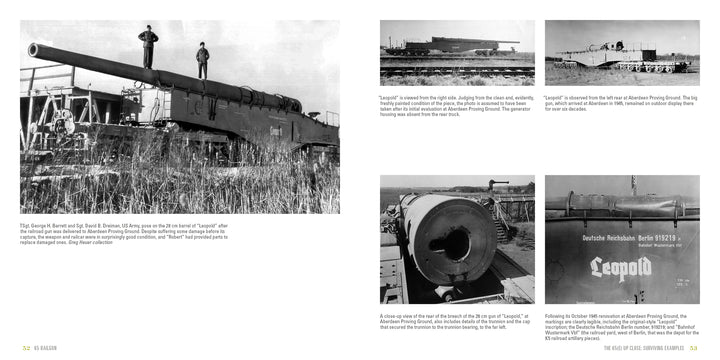 A photo collage from Schiffer Publishing, Ltd. showcases the K5 Rail Gun in black-and-white and color images, with close-ups of the barrel, side views, and details of damage and markings after its capture.
