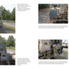 A two-page spread from Schiffer Publishing, Ltd.'s "K5 Rail Gun" shows detailed front and back photos of the large, weathered railway gun, highlighting metal parts, armor, and mechanisms with trees, grass, and descriptive captions in the background.