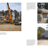 A large crane lifts the K5 Rail Gun by Schiffer Publishing, Ltd. as workers assist; the massive railway gun is later placed on train tracks outdoors, surrounded by grass and trees beneath a clear sky.