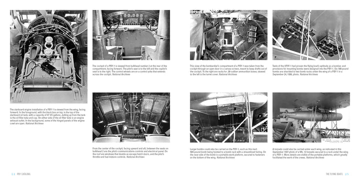 A collage of six black-and-white photos from Schiffer Publishing, Ltd. showcases PBY Catalina interiors and mechanics—cockpit, engine compartment, bomb bay, and turret—with captions beneath each image.