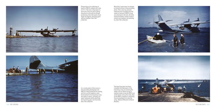 Four vintage color photos of the PBY Catalina on water show people boarding, rowing, and preparing the aircraft under blue skies. Aviation history text is seen between and beside the images. Brand: Schiffer Publishing, Ltd.