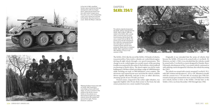 A two-page spread in "German Heavy Armored Cars" by Schiffer Publishing, Ltd. features photos and text on the Sd.Kfz. 234/2, including black-and-white images of the vehicle and soldiers, plus detailed historical and technical info.