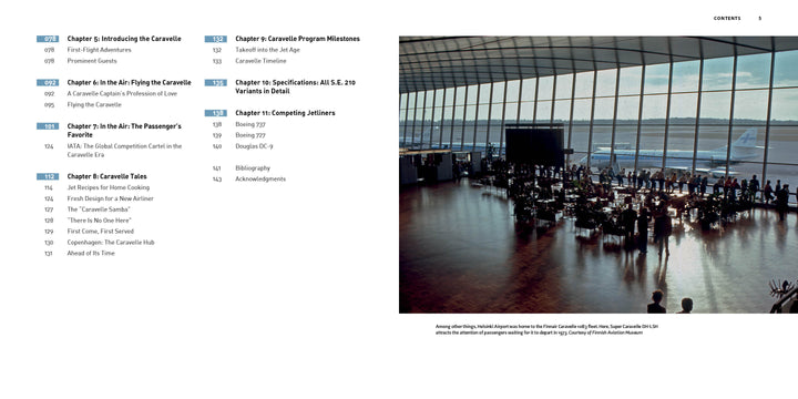 A modern airport terminal with floor-to-ceiling windows overlooks planes—including the iconic S.E. 210 Caravelle, highlighted in Schiffer Publishing, Ltd.’s collection—while travelers relax in a bright lounge surrounded by aviation heritage.