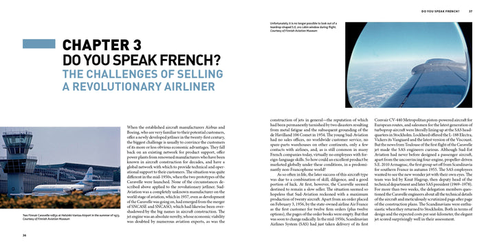 Two-page magazine spread: Left shows S.E. 210 Caravelle jets at an airport by a control tower, highlighting aviation history. Right displays the view over the wing from inside a plane. Main headline: “Do You Speak French?” Schiffer Publishing, Ltd.