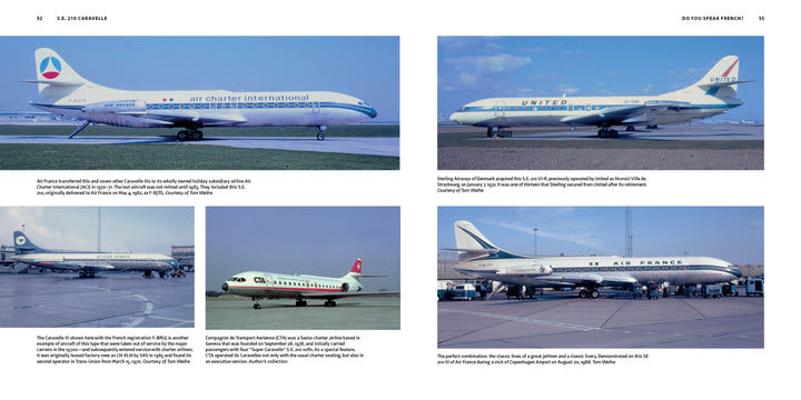 Four classic jet airliners, including the S.E. 210 Caravelle, are shown parked at airports under clear skies with ground equipment, capturing their historic role in aviation. Published by Schiffer Publishing, Ltd.
