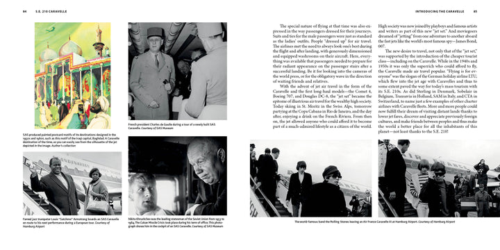 A two-page spread from Schiffer Publishing, Ltd.’s book on the S.E. 210 Caravelle features images of the Beatles arriving on jet airliners, meeting fans and officials, and text about their early aviation tour experiences.