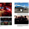 A magazine spread by Schiffer Publishing, Ltd. showcases the S.E. 210 Caravelle with cockpit and aircraft photos, pilots in simulators, a blue-and-white jet on the tarmac, and text detailing flight procedures and cockpit operations.