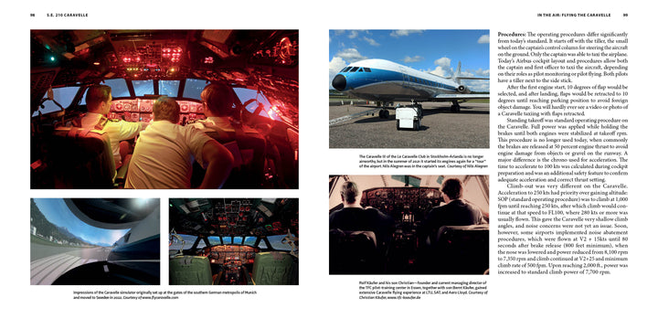 A magazine spread by Schiffer Publishing, Ltd. showcases the S.E. 210 Caravelle with cockpit and aircraft photos, pilots in simulators, a blue-and-white jet on the tarmac, and text detailing flight procedures and cockpit operations.