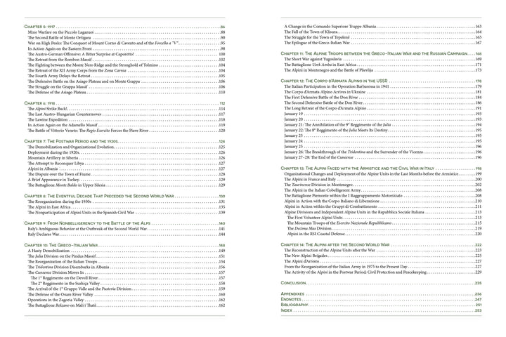 A two-column table of contents lists chapters and page numbers on historical topics from ancient Greece to World War I Alps, focusing on Alpini: Italian Mountain Troops by Schiffer Publishing, Ltd., covering battles, cultures, and key figures.