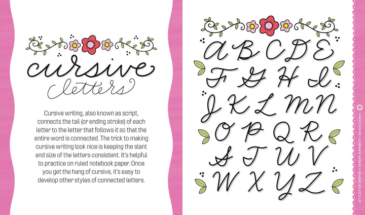 Trust Me, You Can Letter by Schiffer Publishing, Ltd. is an illustrated cursive guide. The left page explains cursive with floral accents; the right displays uppercase letters with elegant floral and leaf designs.