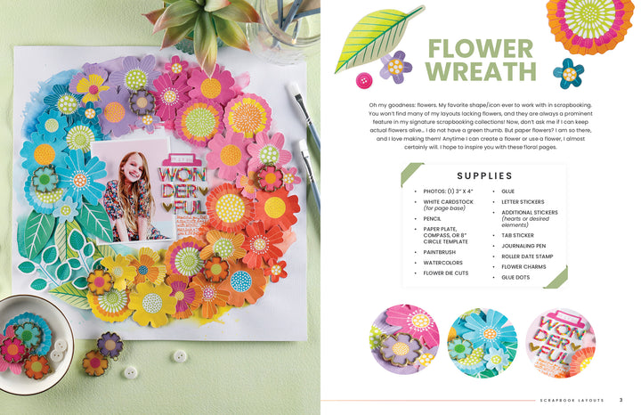 Make Your Memory by Schiffer Publishing, Ltd. showcases a pastel-themed scrapbook page with a layered paper flower wreath around a smiling girl’s photo, plus supplies, instructions, and detailed images for creative inspiration.