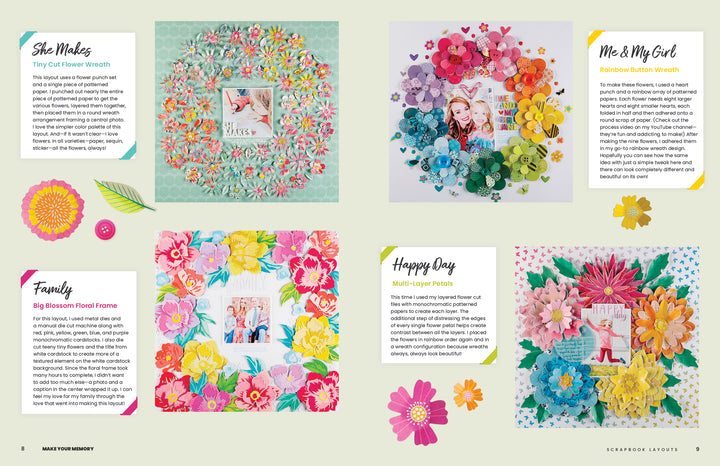 Make Your Memory by Schiffer Publishing, Ltd. features six scrapbook layouts with central photos and 3D paper flowers—ideal inspiration for scrapbooks or cards. Text boxes describe each layout on pastel backgrounds with vibrant blooms.
