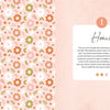 A pastel floral pattern covers the left half of the image. On the right, a box labeled “Home” and “1” shares tips for picturing your dream home—ideal inspiration from Schiffer Publishing, Ltd.'s On the Bright Side Sticker Journal. Light pink background.