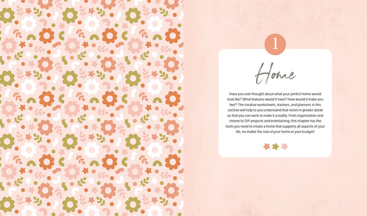 A pastel floral pattern covers the left half of the image. On the right, a box labeled “Home” and “1” shares tips for picturing your dream home—ideal inspiration from Schiffer Publishing, Ltd.'s On the Bright Side Sticker Journal. Light pink background.