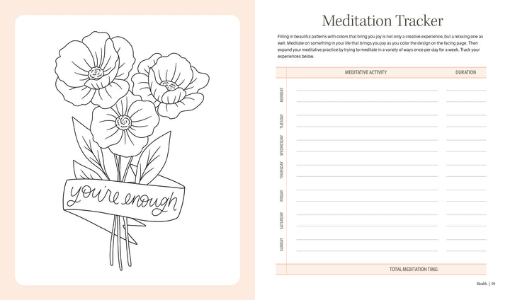 The On the Bright Side Sticker Journal by Schiffer Publishing, Ltd. features a black-and-white floral design with a "you're enough" ribbon and a weekly meditation habit tracker with columns for daily activity and duration.