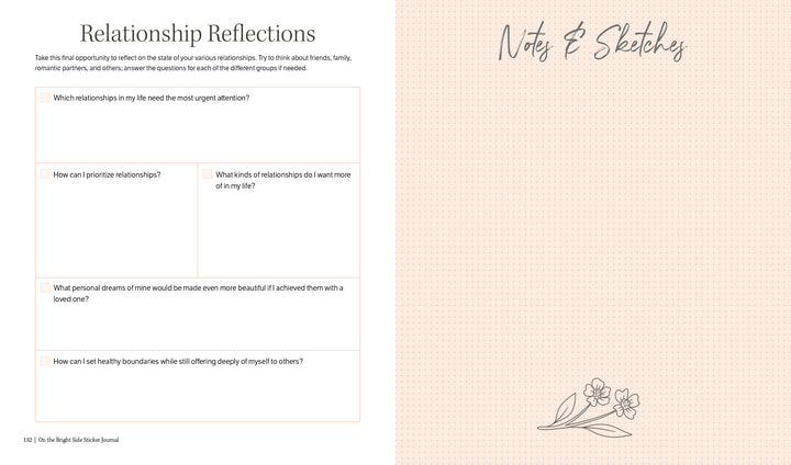 The On the Bright Side Sticker Journal by Schiffer Publishing, Ltd. includes Relationship Reflections prompts on the left and a Notes & Sketches page with a floral illustration—ideal for personalizing your creative planning.