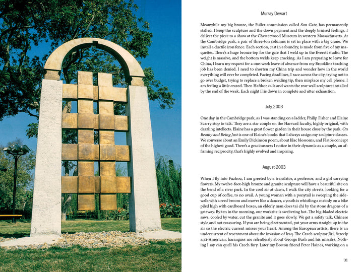 Hammer and Tongs" from Schiffer Publishing, Ltd. features a stone sculpture of vertical and horizontal bars set on grass in a park, with trees and clear sky in the background, plus an essay by Murray Dewart on public sculptures.