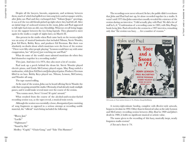 A book spread in Schiffer Publishing, Ltd.'s The Beatles: Fab but True features text on both pages and an illustration of John Lennon and Paul McCartney facing each other, highlighting lesser-known stories about their post-Beatles relationship.