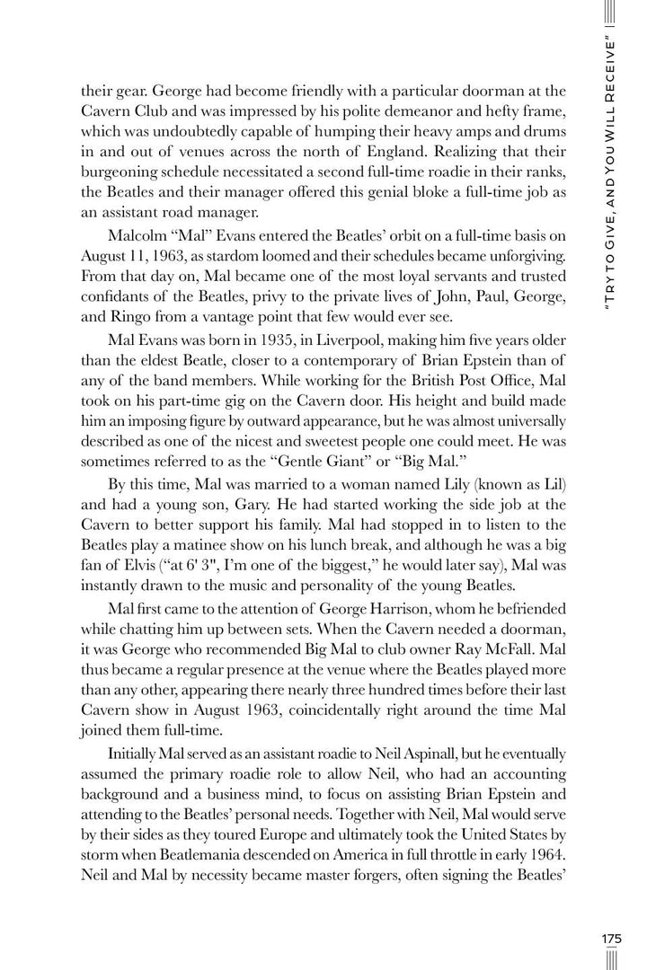 A page from Schiffer Publishing's The Beatles: Fab but True shows a sidebar, “TRY TO SEE AND YOU WILL BE GIVEN,” alongside main text with lesser-known Malcolm Mal Evans stories from his time with the Fab Four.
