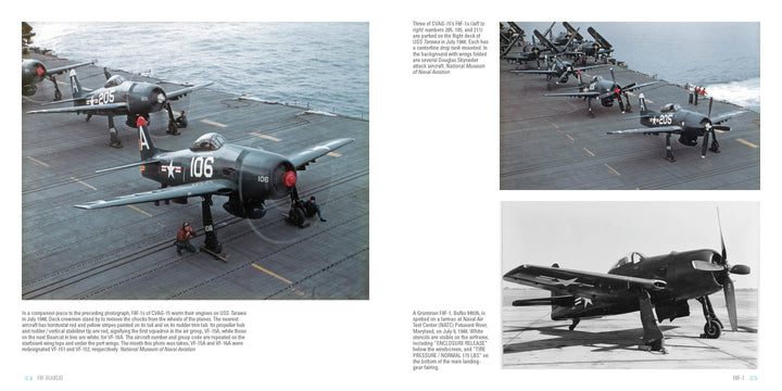 Three images of the F8F Bearcat from Schiffer Publishing, Ltd. showcase classic carrier-borne fighter aircraft on a carrier deck, with close-ups and side views highlighting tail markings and military personnel nearby.