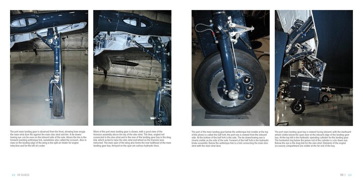 Four close-up photos of the F8F Bearcat’s nose wheel landing gear by Schiffer Publishing, Ltd., display various angles and mechanical details, each with explanatory text. The carrier-borne fighter is shown in a museum or hangar setting.