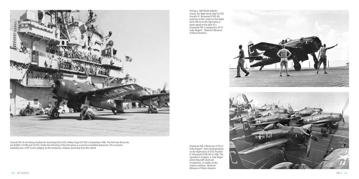 A wartime black-and-white image from Schiffer Publishing, Ltd. shows a vintage carrier deck busy with sailors and WWII-era F8F Bearcats, plus two inset photos of neatly parked planes, evoking a historic military aviation scene.