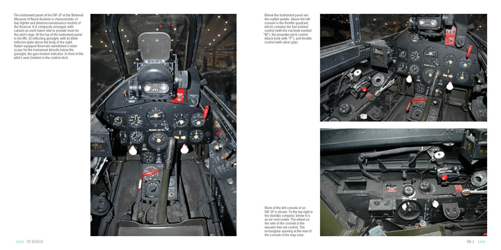 Three detailed photos from Schiffer Publishing, Ltd. highlight the cockpit controls and instrument panels of the F8F Bearcat, showing gauges, switches, and levers with clear labels on a white background and descriptive captions.