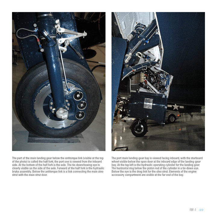 Two photos of the F8F Bearcat’s main landing gear are featured—one showing the wheel and brake, the other with retracted gear—ideal for Schiffer Publishing, Ltd. fans and those passionate about carrier-borne fighter aircraft.