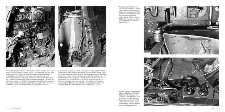 Black and white photos of the WWII P-39 Airacobra cockpit by Schiffer Publishing, Ltd. show instrument panels, control sticks, wiring, pedals, and equipment, with captions and text beside images from Legends of Warfare.