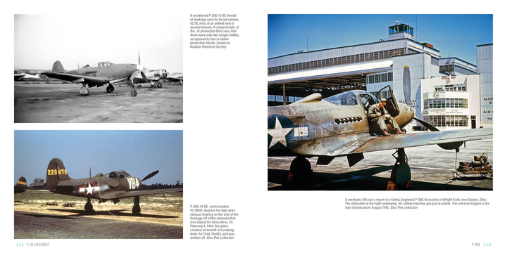 A spread of three photos of the P-39 Airacobra: two black-and-white shots of parked planes and one color image of a pilot boarding his aircraft near a hangar—by Schiffer Publishing, Ltd.