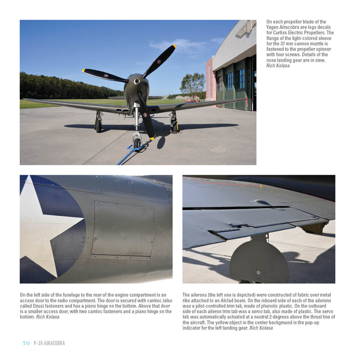 A collage of close-ups of the P-39 Airacobra by Schiffer Publishing, Ltd. shows its front propeller, star insignia, and detailed aileron, all photographed outdoors in bright sunlight—a true Legends of Warfare moment.
