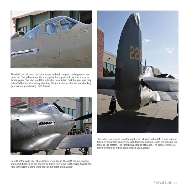 Three photos feature detailed close-ups of the P-39 Airacobra by Schiffer Publishing, Ltd., showcasing its cockpit canopy, side and rear views, plus exterior details under daylight at an airfield—a remarkable Legends of Warfare aircraft.