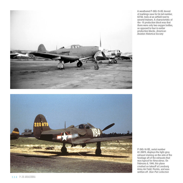 Top: An unmarked P-39 Airacobra rests on the tarmac. Bottom: A P-39D-10-BE, marked “VB4” and “220879,” displays the U.S. star insignia in Legends of Warfare from Schiffer Publishing, Ltd.